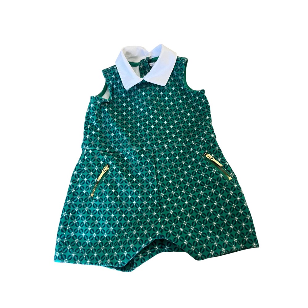 Janie and Jack Green Geometric Floral Romper Peter Pan Collar 6-12 Months